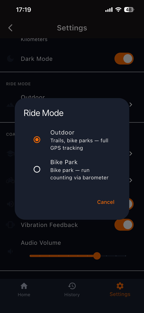 Ride mode selection: Outdoor or Bike Park